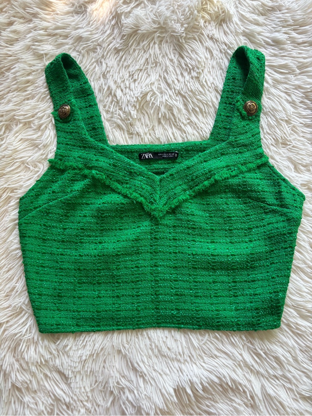 Zara Emerald Green Tweed Crop Top with Button Straps